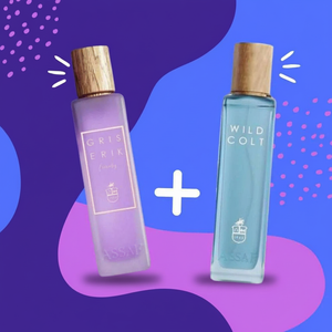 Two perfume bottles, one purple and one blue, on a colorful abstract background.